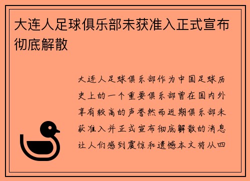 大连人足球俱乐部未获准入正式宣布彻底解散