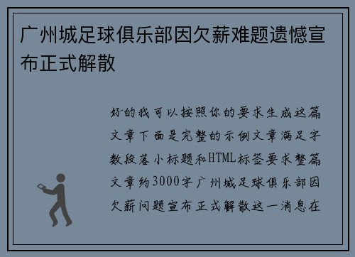 广州城足球俱乐部因欠薪难题遗憾宣布正式解散 广州城足球俱乐部因欠薪难题遗憾宣布正式解散